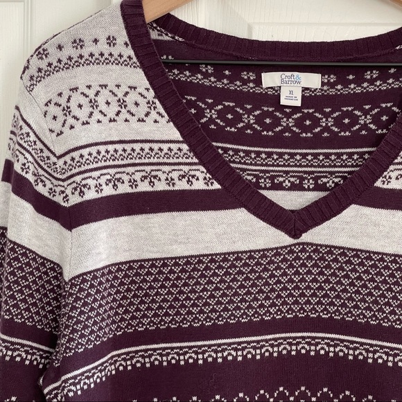 Croft and Barrow Fair Isle Nordic Sweater in Plum and Light Grey Size XL - Picture 2 of 8